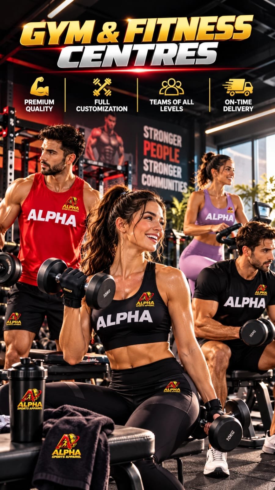 Custom gym and fitness apparel for men and women by Alpha Sports Apparel