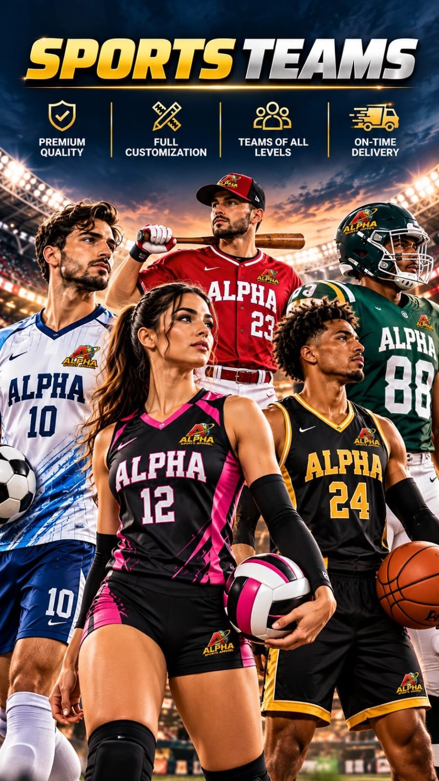 Custom sportswear for soccer, basketball, baseball and football teams by Alpha Sports Apparel